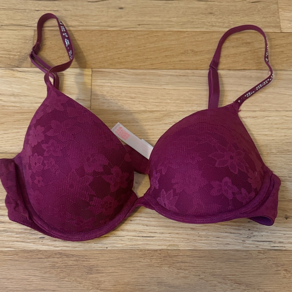 PINK Victoria's Secret Floral Lace Bra in Deep Burgundy
